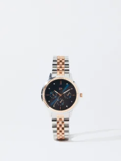 Parfois Relógios Dourado Rosa*Relógio Com Bracelete De Aço Bicolor | Azul Marinho